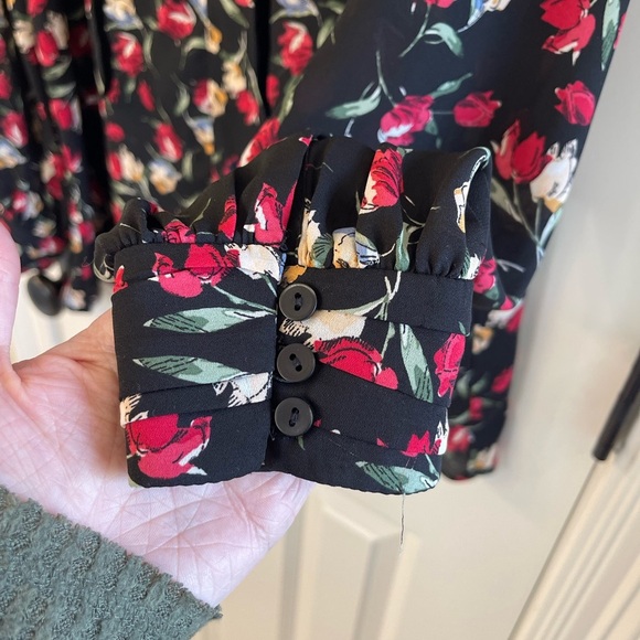 Zara z1975 Black Floral Velvet Tie Neck Long Sleeve Blouse Size Large - Picture 3 of 6